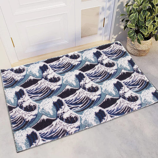 Feblilac Japanese Blue Wave Pattern Entrance Door Mat, Ukiyoe Art Doorway PVC Rug