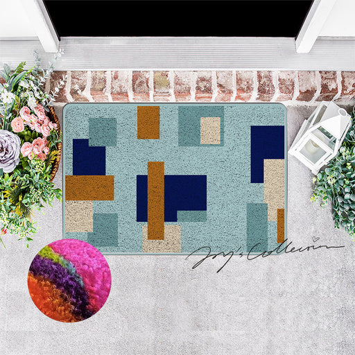 Feblilac Blue and Brown Squares Geometric Nylon Door Mat