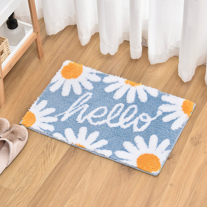 Blue Hello Daisy Bath Mat, Flower Floral Bathroom Rug, Soft Plush Water-Absorbent Mat, 40x60cm or 16x24 inches