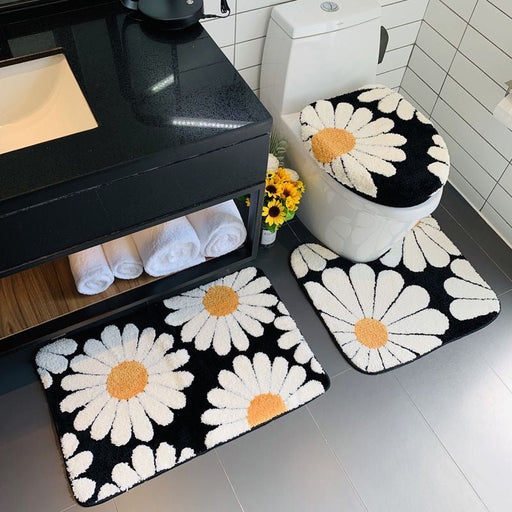 Feblilac Black Bath Mat Set, Flower Floral Bathroom Rug Set, Toilet Cover Mat