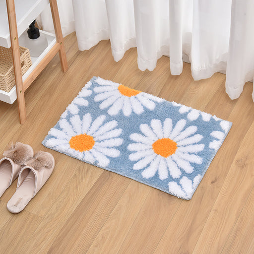 Feblilac Sky Blue Daisy Bath Mat, Flower Floral Bathroom Rug, Soft Plush Water-Absorbent Mat