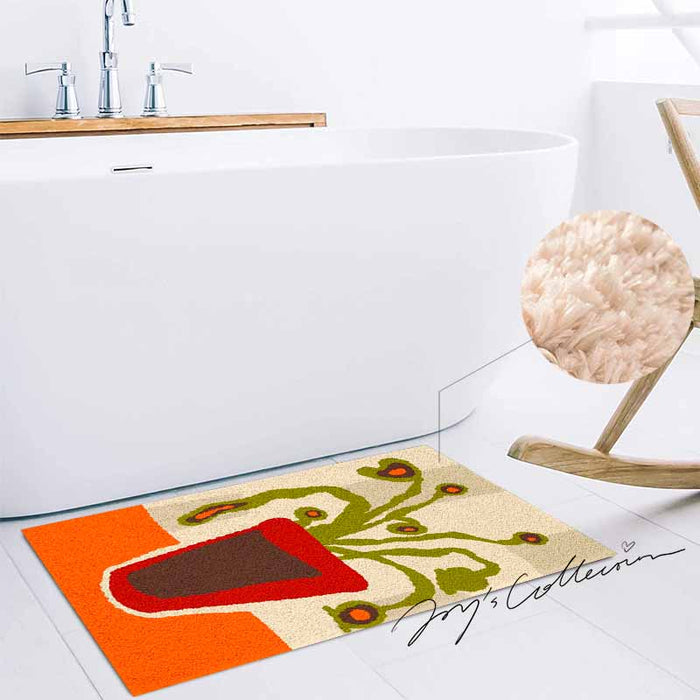 Feblilac Red Vase and Green Plant Tufted Bath Mat