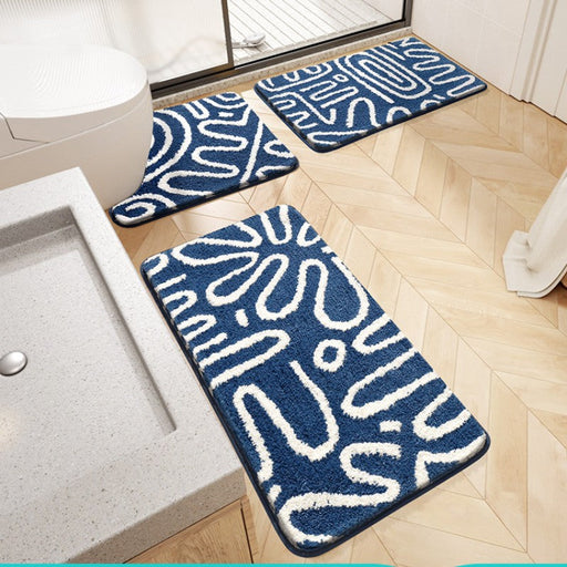 Feblilac Blue and White Abstract Lined Tufted Bathroom Mat Toilet U-Shaped Floor Mat