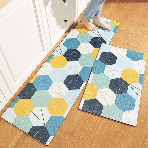 Feblilac Blue and Yellow Honeycomb Shapes Pattern PVC Leather Kitchen Mat Mom‘s Day Gift