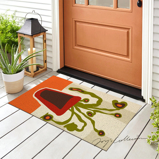 Feblilac Red Vase and Green Plant PVC Coil Door Mat