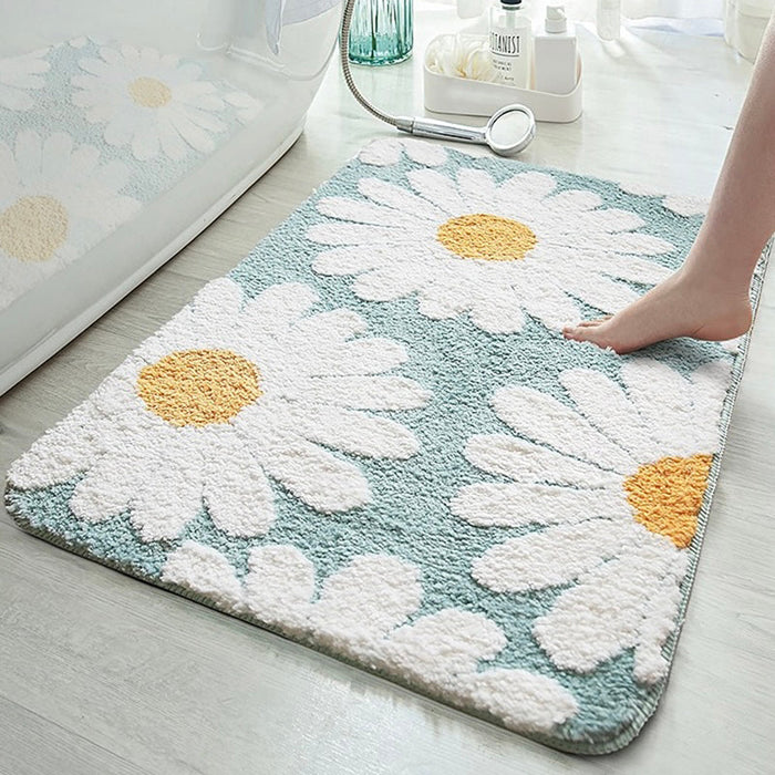 Feblilac Cute White Blue Daisy Flower Bath Mat, Multiple Colors Available