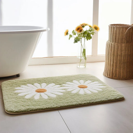 Feblilac Green White Daisy Flower Tufted Bath Mat