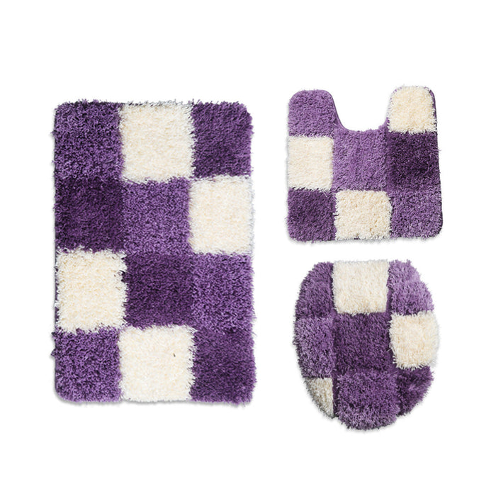 Feblilac Blue/Black/Green/Red/Brown/Purple and White Checkerboard Pattern Ultra Soft Bathroom Rug Set