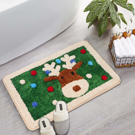 Feblilace Merry Christmas Reindeer ELK Green Ground Bath Mat