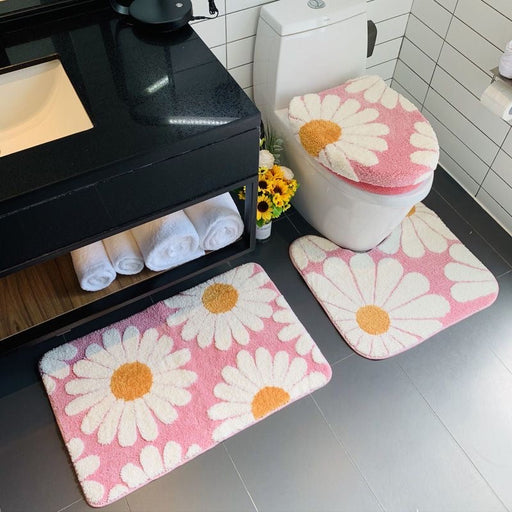 Feblilac Pink Daisy Bath Mat Set, Flower Floral Bathroom Rug Set, Toilet Cover Mat