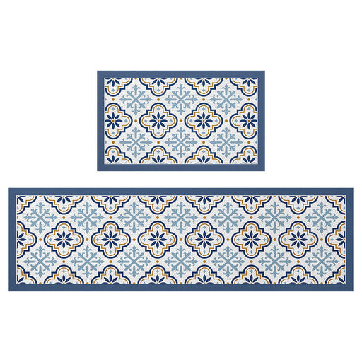 Feblilac Blue Flower Geometric Pattern PVC Leather Kitchen Mat Mom‘s Day Gift