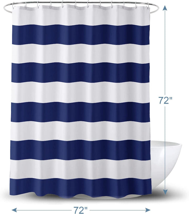 Navy Blue Shower Curtain Stripes, 72" W X 72" H Blue and White Shower Curtain, Fabric Shower Curtain for Bathroom, with 2 Heavy Stones