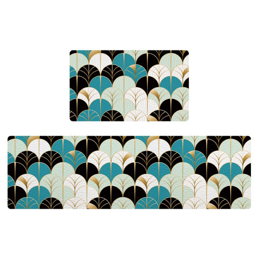 Feblilac Abstract Blue and Black Leaves PVC Leather Kitchen Mat @Frank’s design