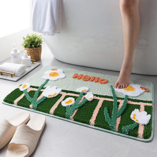 Feblilac Green Leaves and Flower Hello Bath Mat