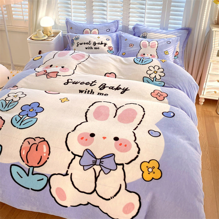 Cute Cartoon Milk Velvet Bedding Set Of Four