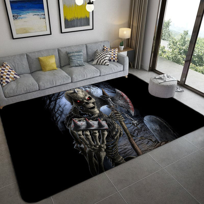 Hip Hop Living Room Rug Black Optical Illusions Skull Carpet Polypropylene Stain Resistant Pet Friendly Anti-Slip Backing Area Rug