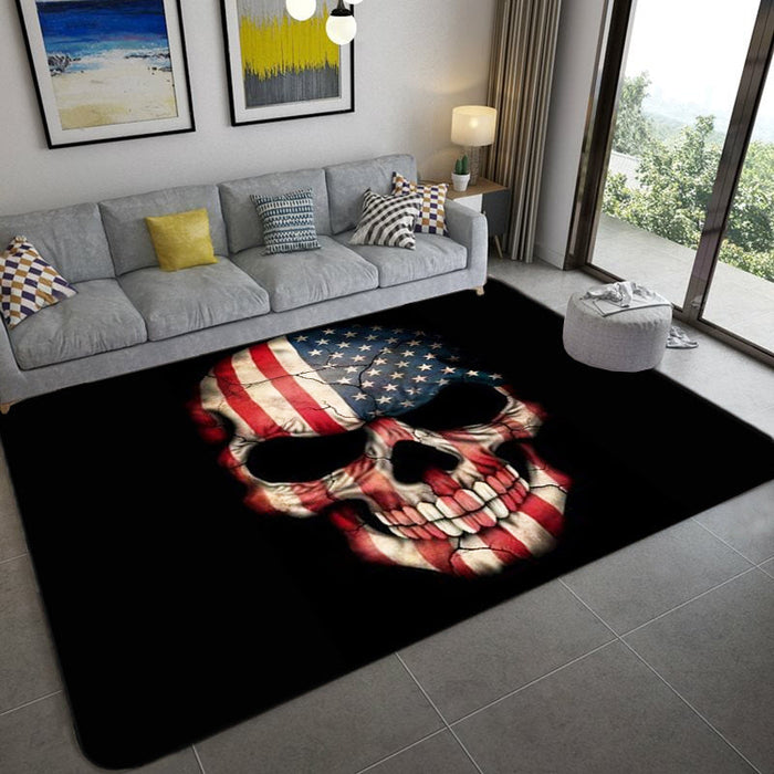 Hip Hop Living Room Rug Black Optical Illusions Skull Carpet Polypropylene Stain Resistant Pet Friendly Anti-Slip Backing Area Rug