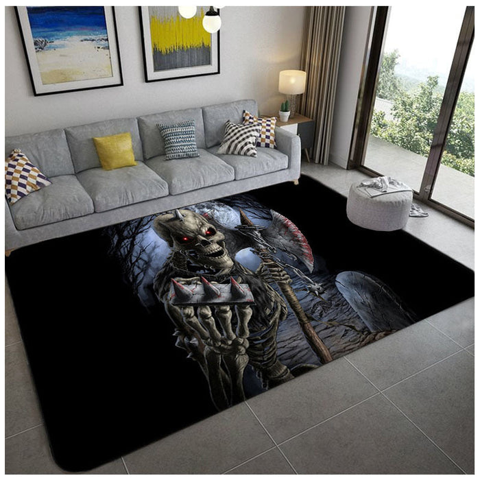 Hip Hop Living Room Rug Black Optical Illusions Skull Carpet Polypropylene Stain Resistant Pet Friendly Anti-Slip Backing Area Rug