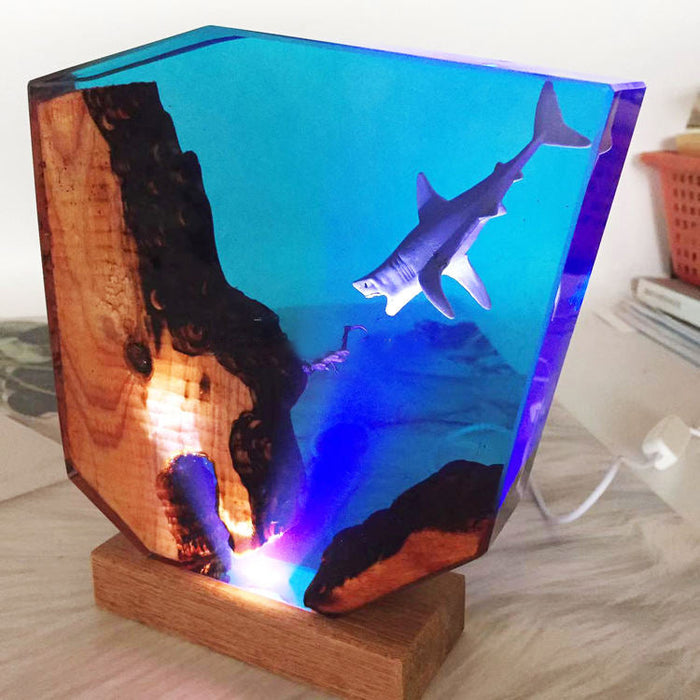 Epoxy Solid Wood Resin Shark Diving Small Night Lamp