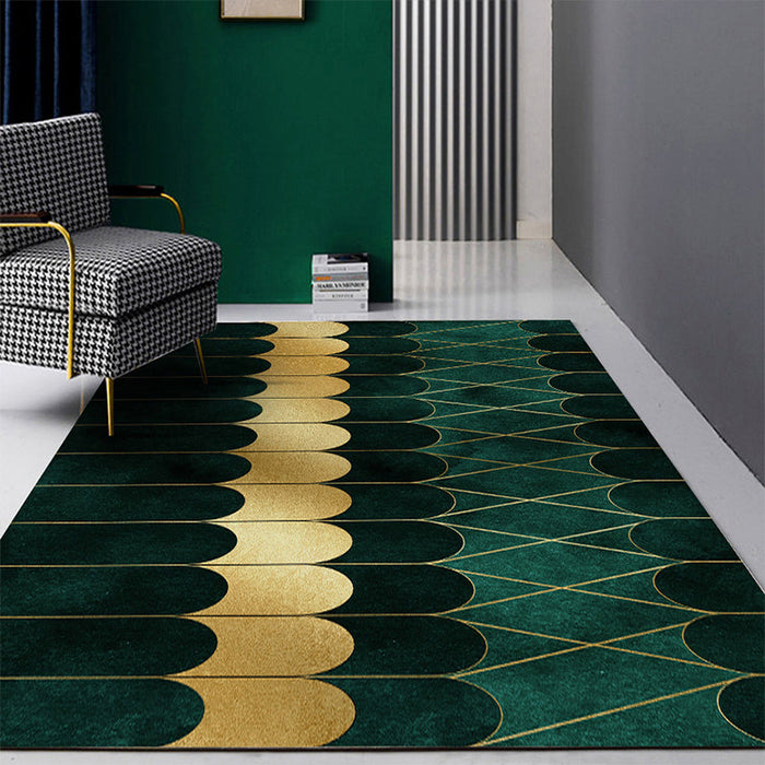 Modern Abstract Patterned Rug Dark Green Cotton Blend Area Rug Easy Care Pet Friendly Carpet for Living Room