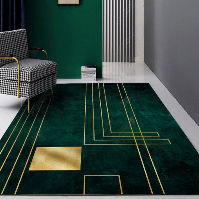 Modern Abstract Patterned Rug Dark Green Cotton Blend Area Rug Easy Care Pet Friendly Carpet for Living Room