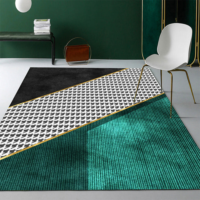 Modern Abstract Patterned Rug Dark Green Cotton Blend Area Rug Easy Care Pet Friendly Carpet for Living Room