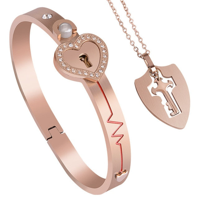 Stainless Steel Love Heart Lock Bangle Bracelet - Okeihouse