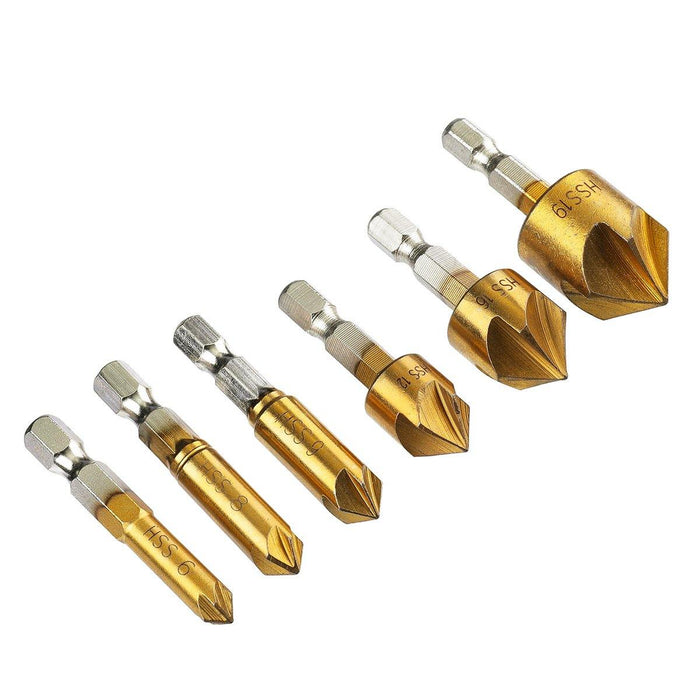 Drillpro 6Pcs 6-19mm Countersink Drill Bit 5 Flutes Hex Shank Titanium Coated Chamfer Cutter Set