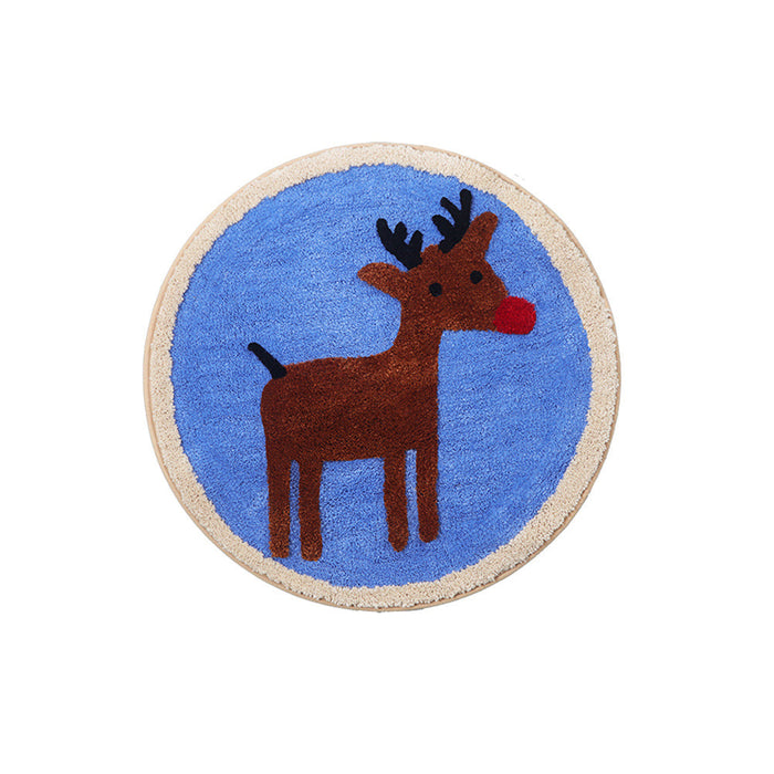 Feblilace Round Merry Christmas Reindeer ELK Green/Blue Ground Bath Mat