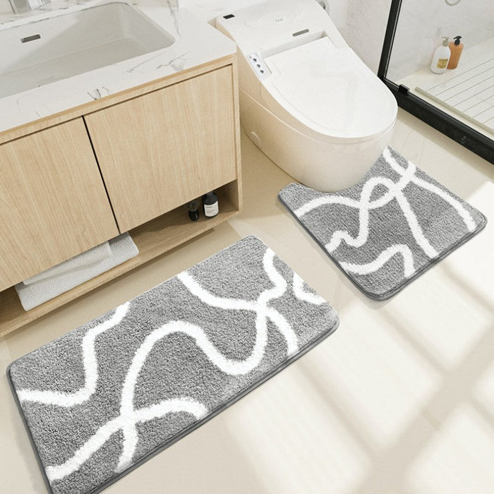 Feblilac Gray Geometric Pattern Tufted Bathroom Mat Toilet U-Shaped Floor Mat