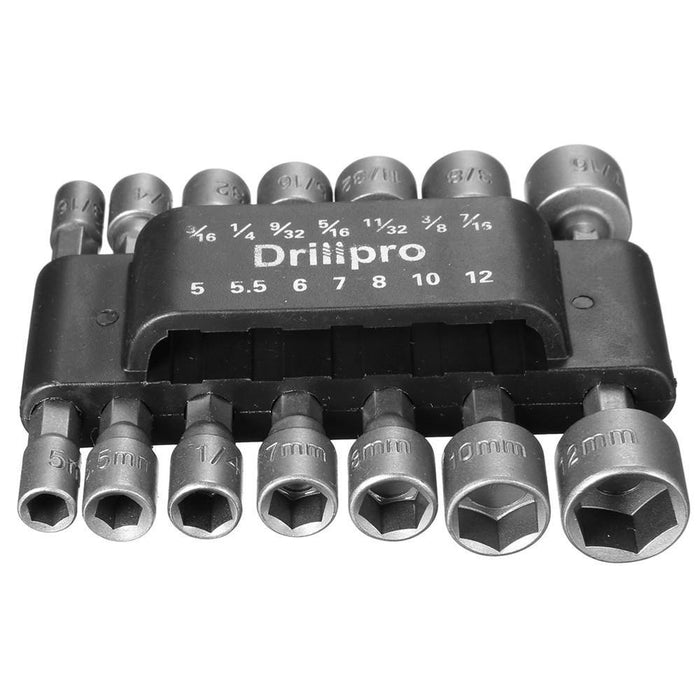 Drillpro 14pcs 1/4 Inch Hex Shank Power Nut Driver Drill Bit Set SAE Metric Socket Wrench Screw Screwdriver