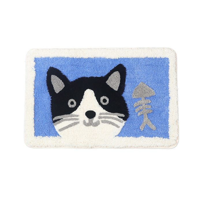 Feblilac Cat and the Fishbone Blue Ground Bath Mat