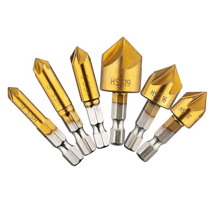 Drillpro 6Pcs 6-19mm Countersink Drill Bit 5 Flutes Hex Shank Titanium Coated Chamfer Cutter Set