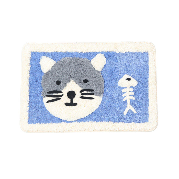 Feblilac Cat and the Fishbone Blue Ground Bath Mat