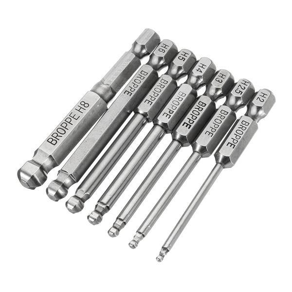 Broppe 7pcs 2/2.5/3/4/5/6/8mm 65mm Magnetic Ball Screwdriver Bits 1/4 Inch Hex Shank Screwdriver Bit