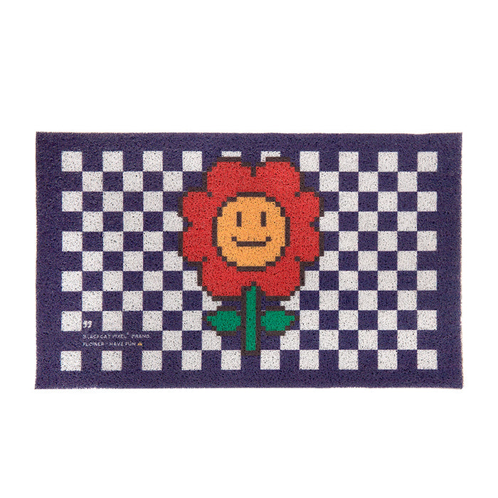 Red Floret and Black Check Door Mat