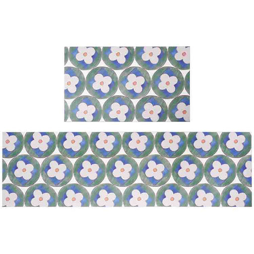 White and Blue Flower Kitchen Mat