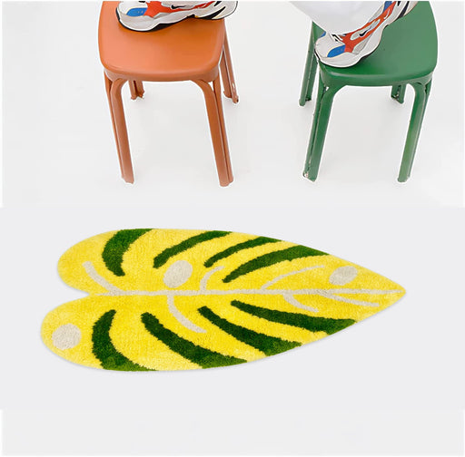 Feblilac Soft Yellow and Green Leaves Bathroom Rug, Heart-Shape Mat, Gift Idea