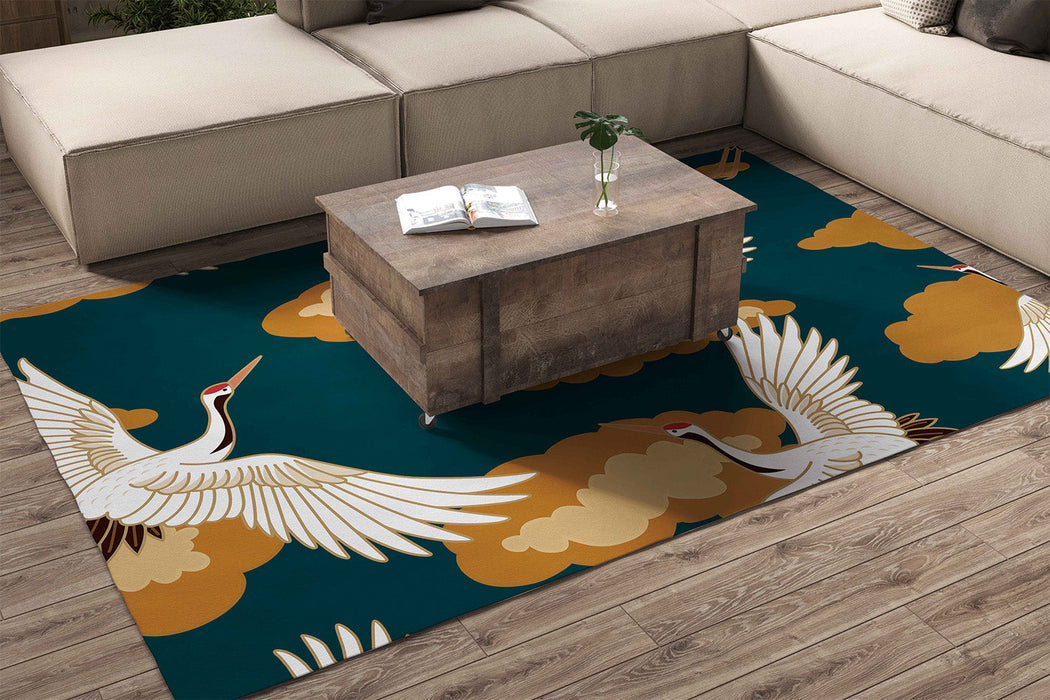 Feblilac Blue Background Crane Handmade Tufted Acrylic Livingroom Carpet Area Rug