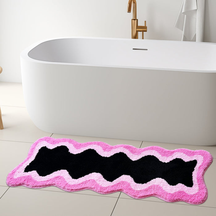 Feblilac Black Pink Wave Bedroom Rug Long Runner, Rug for Bedside Bathroom, Water Absorbent Non-Slip Area Rug Mat for Home Decor