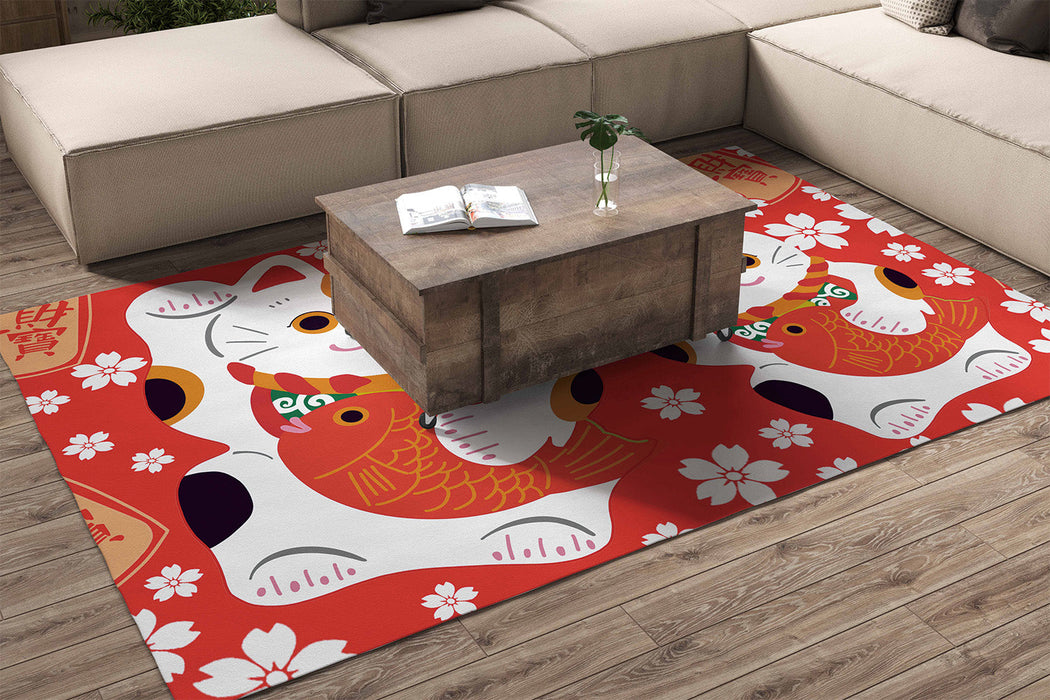 Feblilac Red Background White Sakura Lucky Cat Handmade Tufted Acrylic Livingroom Carpet Area Rug