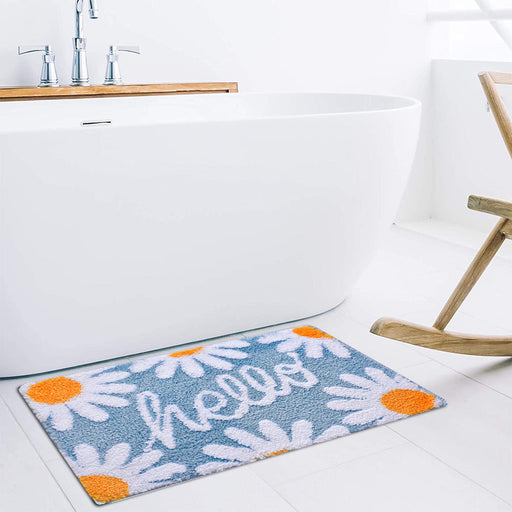 Blue Hello Daisy Bath Mat, Flower Floral Bathroom Rug, Soft Plush Water-Absorbent Mat, 40x60cm or 16x24 inches