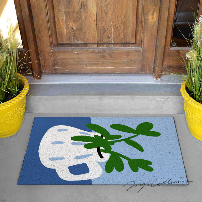 Feblilac White Vase and Greenery PVC Coil Door Mat