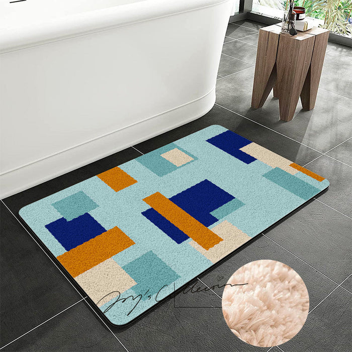 Feblilac Blue and Brown Squares Geometric Tufted Bath Mat