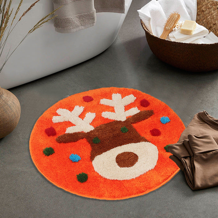 Feblilace Round Merry Christmas Reindeer ELK Green/Blue Ground Bath Mat