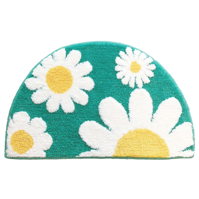 Green Semicircle Daisy Bathroom Mat, White Flower Bath Rug, Nature Bathroom Decor, Soft Water-Absorbent Mat for Bath Shower