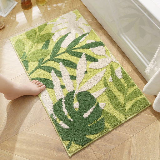 Feblilac Green Yellow and White Leaves Bath Mat