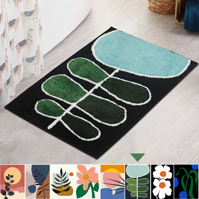 Feblilac Blue Green Black Leaves and Flower Bath Mat