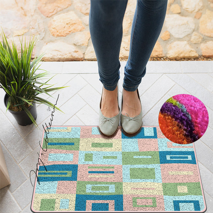 Feblilac Pink and Blue Square Geometric Nylon Door Mat