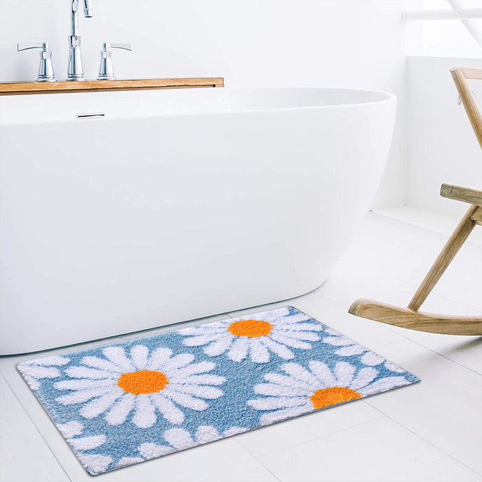 Feblilac Sky Blue Daisy Bath Mat, Flower Floral Bathroom Rug, Soft Plush Water-Absorbent Mat